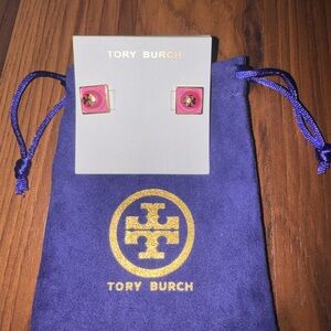 Tory Burch Pink Logo Square Stud Earrings